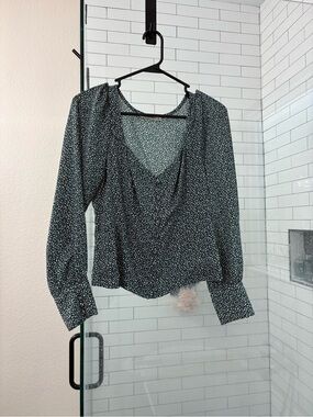 Abercrombie & Fitch Dark Green Micro Floral V-Neck Peplum Blouse